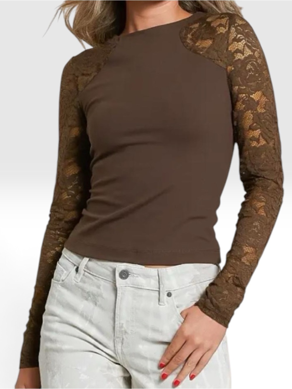 Free People No Excuses Brown Long Sleeve Top with Sheer Lace Sleeves Size Small